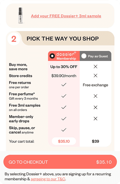 Dossier+ Membership widget showing member vs guest pricing comparison