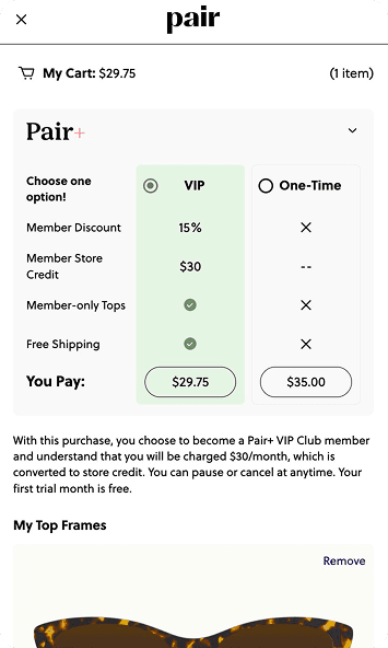 Pair+ VIP Club with 15% discount and store credit