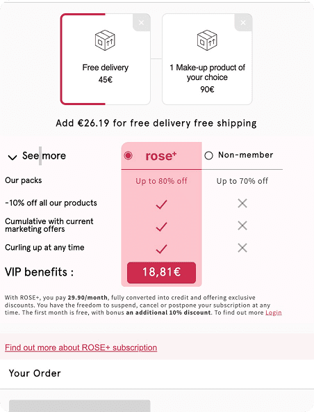 Rose+ membership with up to 80% off and VIP benefits