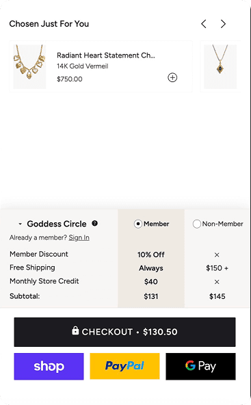 Goddess Circle member checkout with store credit