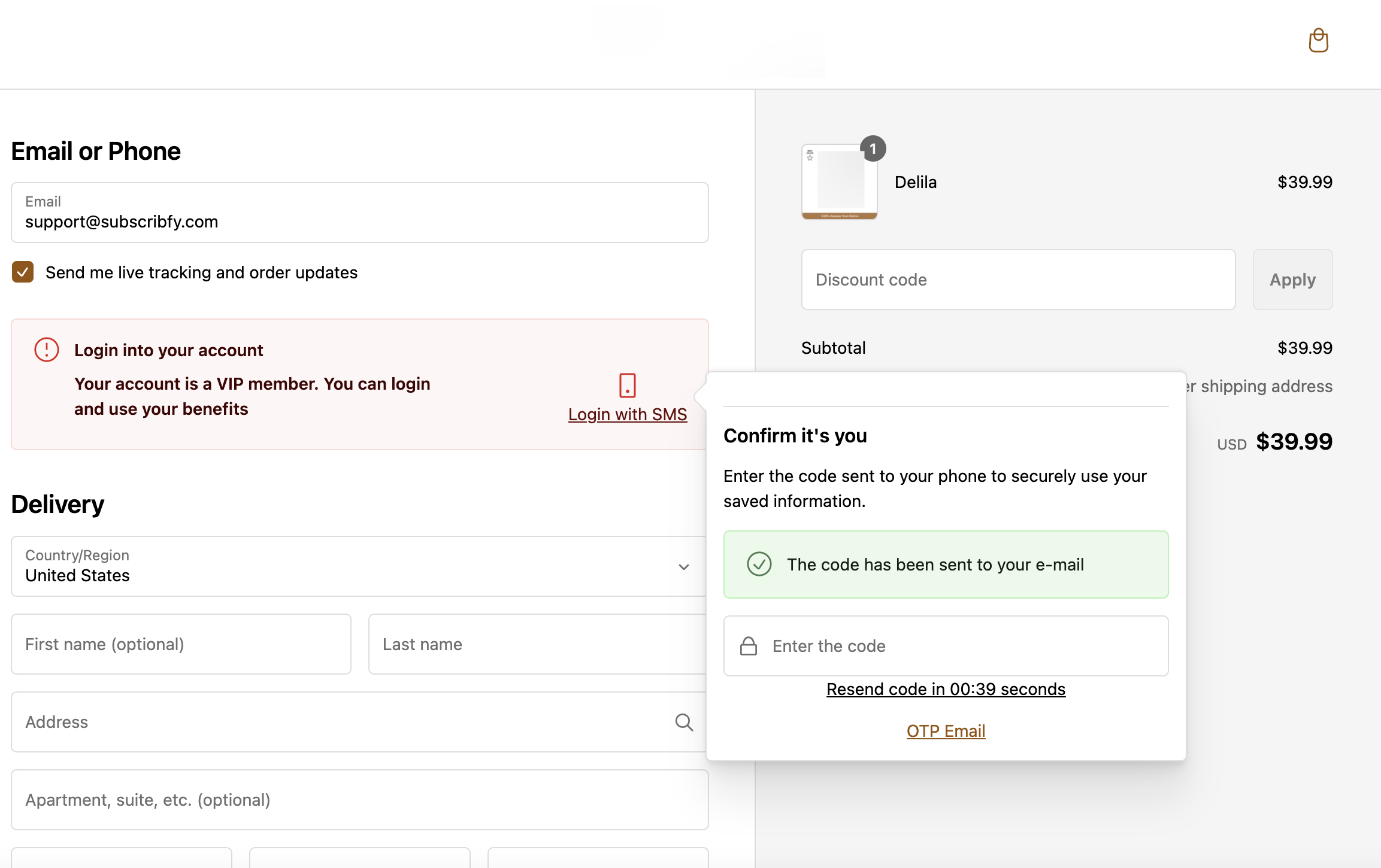 OTP login prompt at checkout