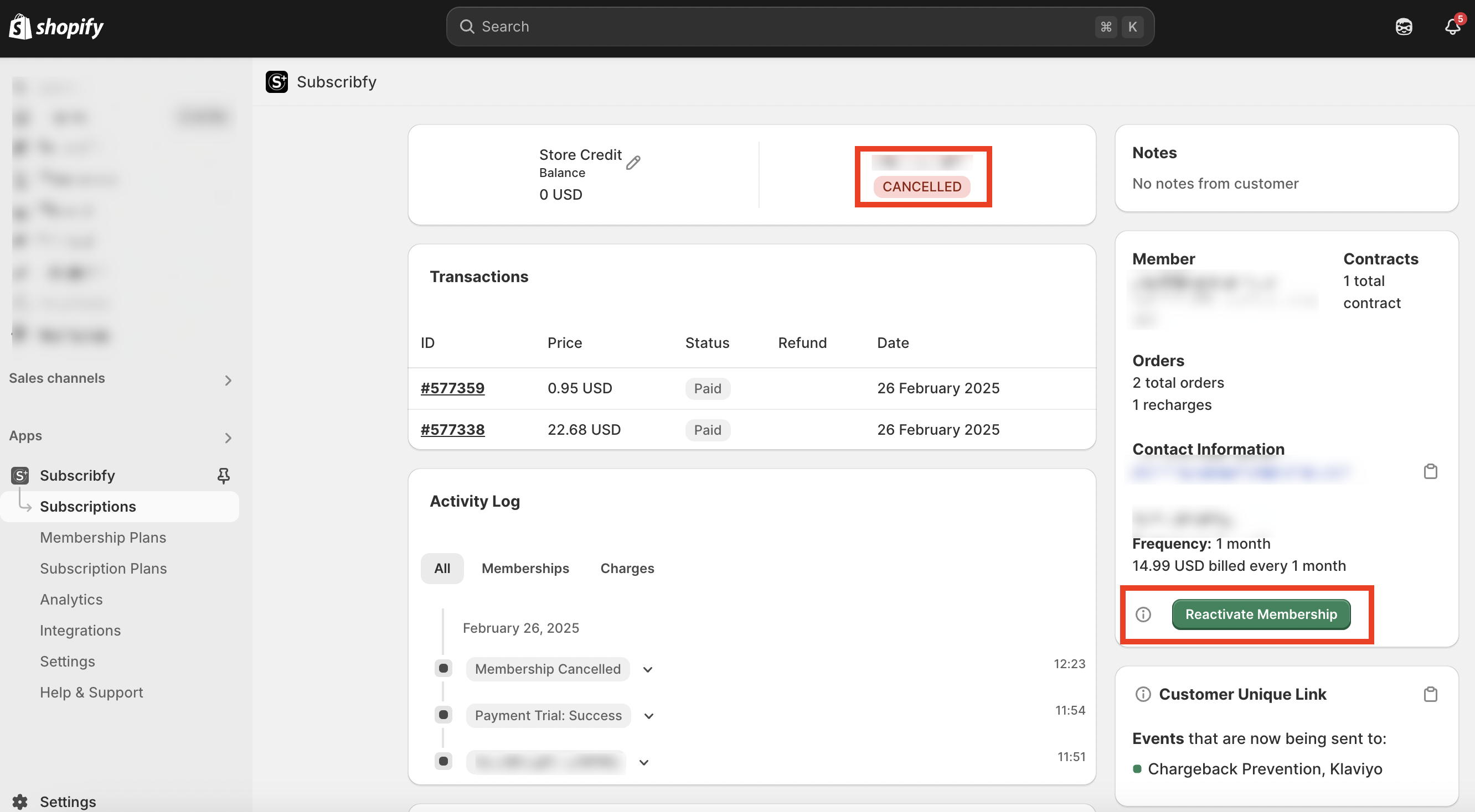 Reactivate membership button
