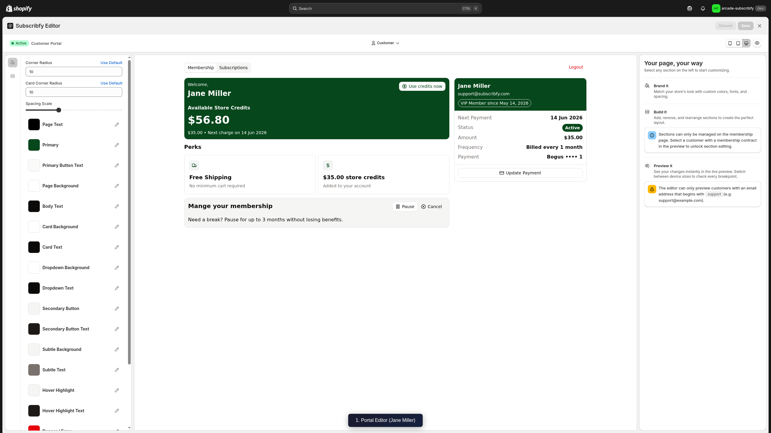 Opening the editor and selecting a customer to preview the portal